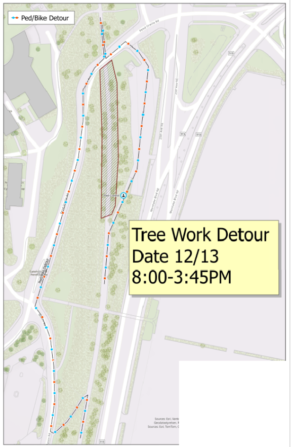 A map showing the pedestrian and bicycle detour for the Burke-Gilman Trail