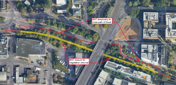 screen shot: google maps image showing the burke gilman trail closure and detour