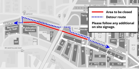 map showing detour from Burke Gilman Trail near University Bridge onto NE 40th St and NE Cowlitz Rd