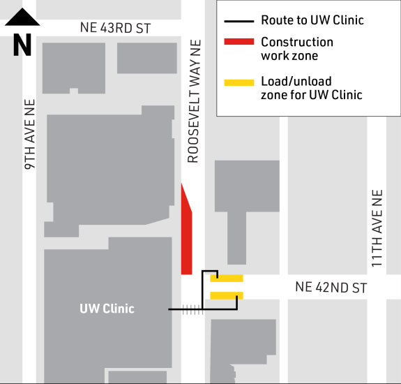 Map showing load/unload and route for UW Clinic on Roosevelt Way