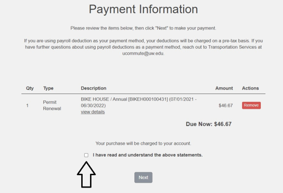 screenshot of payment information confirmation screen along with an arrow pointing to the I have read and understand the above statements checkbox