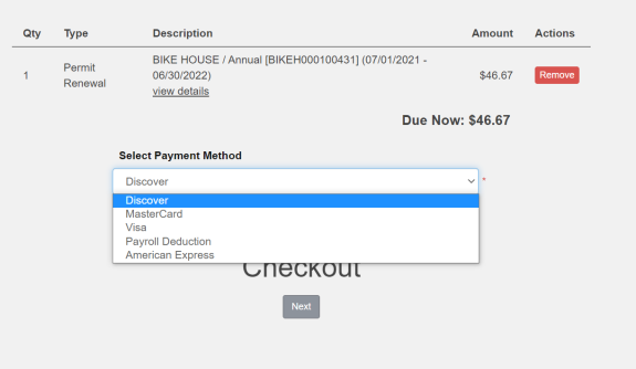 screenshot of select payment method dropdown showing credit card options and payroll deduction along with a total due now and next button
