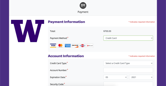 screenshot of payment information screen showing the payment method and related required information