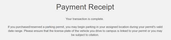 screenshot of customer portal payment receipt noting that the transaction is complete