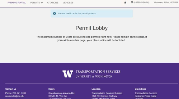 screenshot of Transportation Services online customer portal permit lobby
