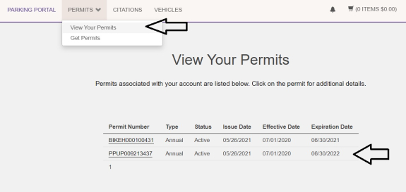 screen shot of the View Your Permits screen showing the navigation option under the Permits navigation item of View Your Permits