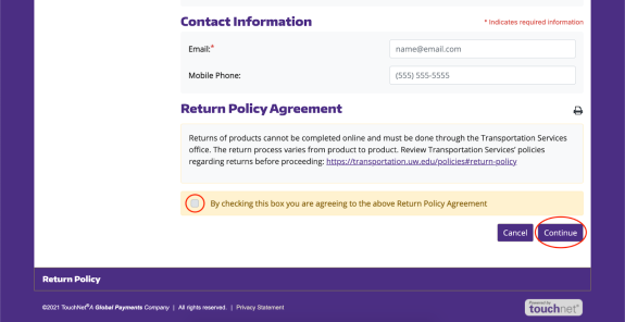 screenshot of return policy confirmation screen with checkbox for acknowledgement of the return policy circled in red