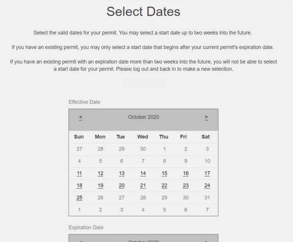 screenshot of calendar for date selection of product effective date