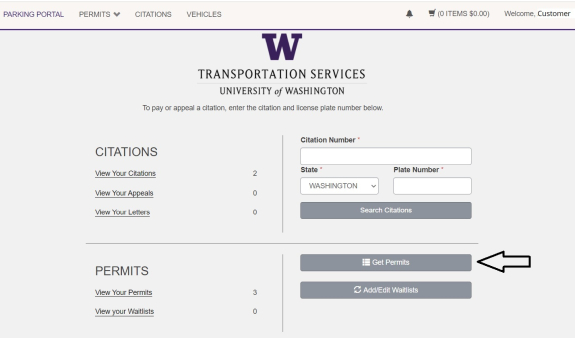 screenshot of Transportation Services online customer portal Get Permits button in account dashboard highlighted with black arrow pointing to it