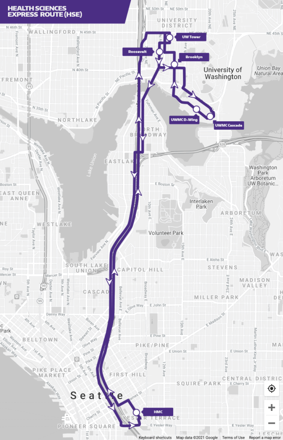 Map showing route stops of Health Sciences Express