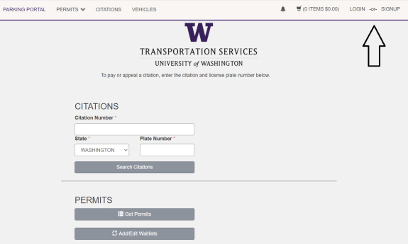 screenshot of Transportation Services online customer portal login with arrow pointing to login and sign up button