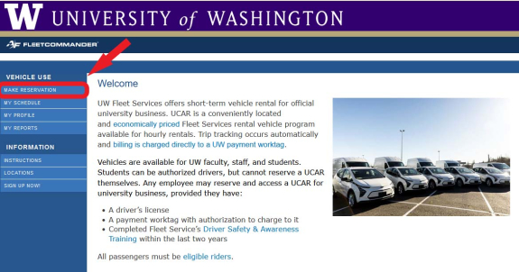 screen shot of reservation system