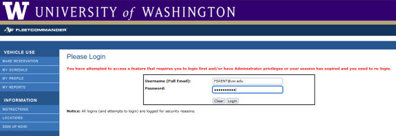 screen shot of reservation system