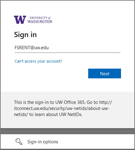 screenshot of uw office 365 netid sign in