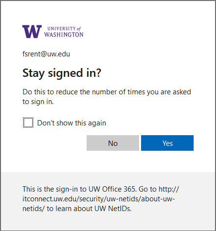 screenshot of uw office 365 stay signed in? confirmation