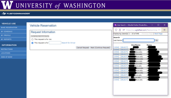 screen shot of reservation system