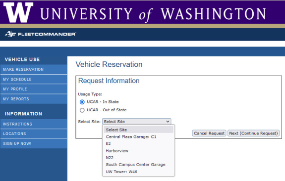 screen shot of reservation system