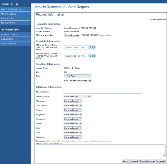 screen shot of reservation system