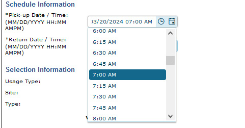 screen shot of reservation system