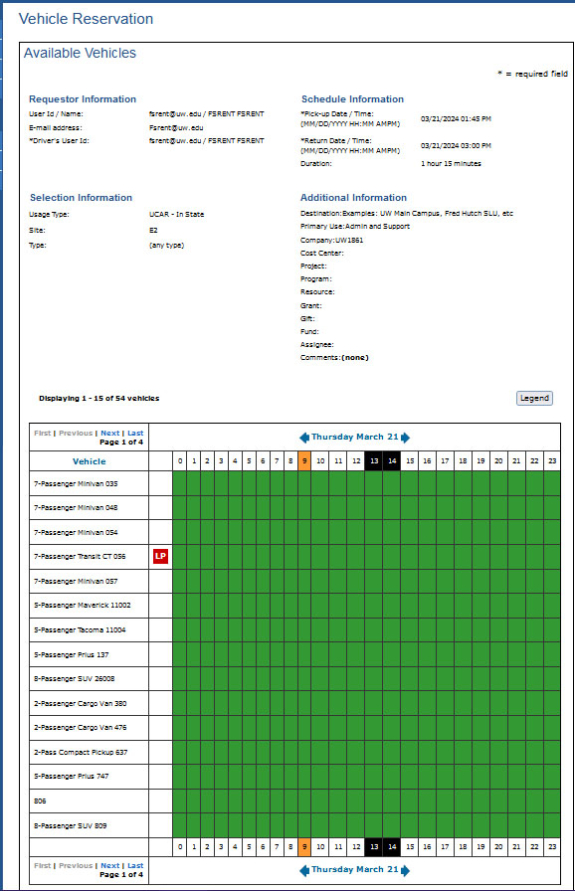 screen shot of reservation system