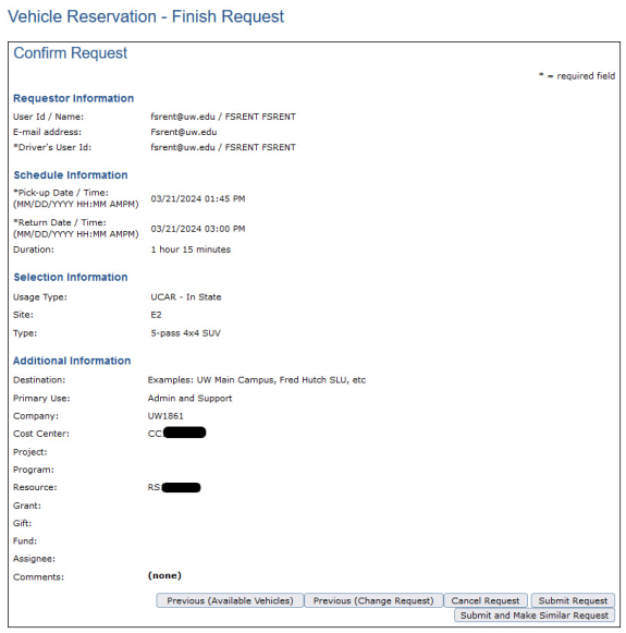 screen shot of reservation system
