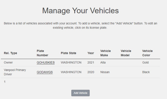screenshot of Manage Your Vehicles screen with list of vehicles and information associated with account; add Vehicle button below list of account vehicles
