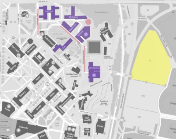 map of west campus housing with parking lot E01 highlighted as the place to park for move-in