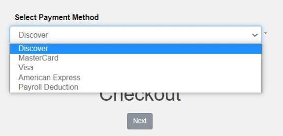 screenshot of cart with product or permit selected and charges associated; drop down menu of payment options expanded