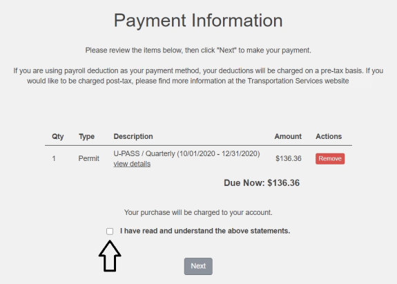 screenshot of cart with product and permit selected and charges associated; statement acknowledging purchase with checkbox highlighted with arrow pointing to it