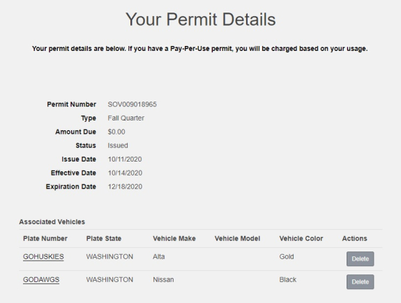 screenshot of individual permit details and vehicles associated with permit. Delete button next to each vehicle listed
