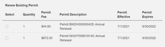 screenshot of Transportation Services products available for renewal on online customer portal