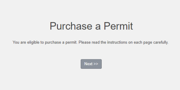 screenshot of Transportation Services' online customer portal Next button prior to select permit screen