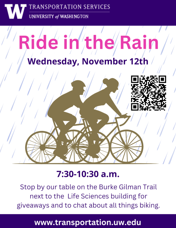 Two gold silhouettes of people on bikes, slightly overlapping, on a background of white with blue raindrops across the background. Pink letters on top read Ride in the Rain