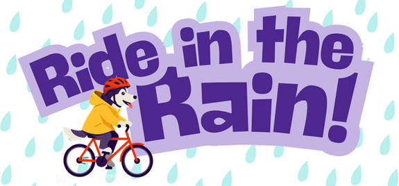 Ride in the Rain logo with a cartoon husky in a raincoat and a red helmet riding a bike, all with a raindrop background pattern