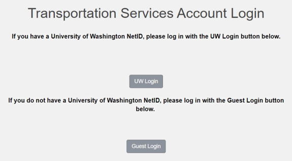 screenshot of Transportation Services online customer portal login options, UW &amp; Guest