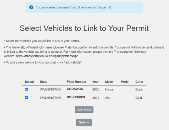 screenshot of vehicles attached to account and checkboxes to link vehicle to permit above an Add Vehicle button and Next button
