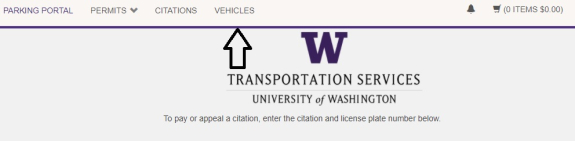 screenshot of Vehicles tab in upper navigation of Transportation Services online customer portal highlighted with arrow pointing to it