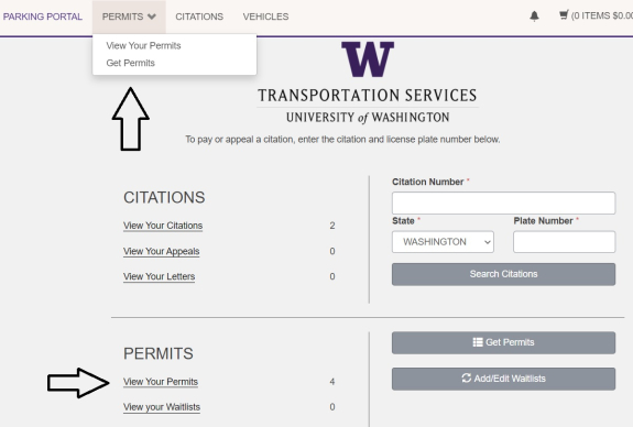 screenshot of View Your Permits button highlighted with arrow pointing to it in account dashboard and Permits tab in upper navigation expanded with arrow pointing to it