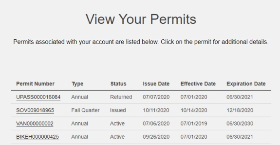 screenshot of account permits with permit details