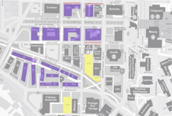 map highlighting west campus housing and the parking lots available during move-in