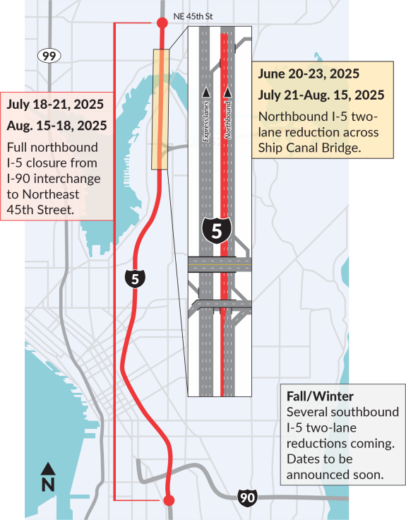 A map showing I-5 from I-90 to Northeast 45th Street in Seattle and where construction will happen in 2025.