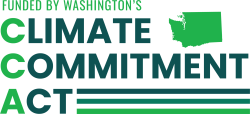 Washington's Climate Commitment logo in green with the shape of Washington state also in green 