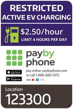 Example of PayByPhone sign at public EV charging stations