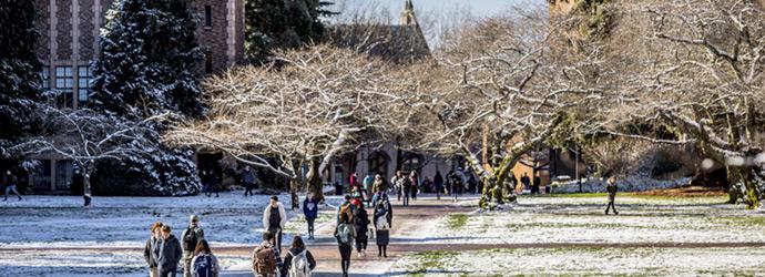 students walking through the quad in the snow