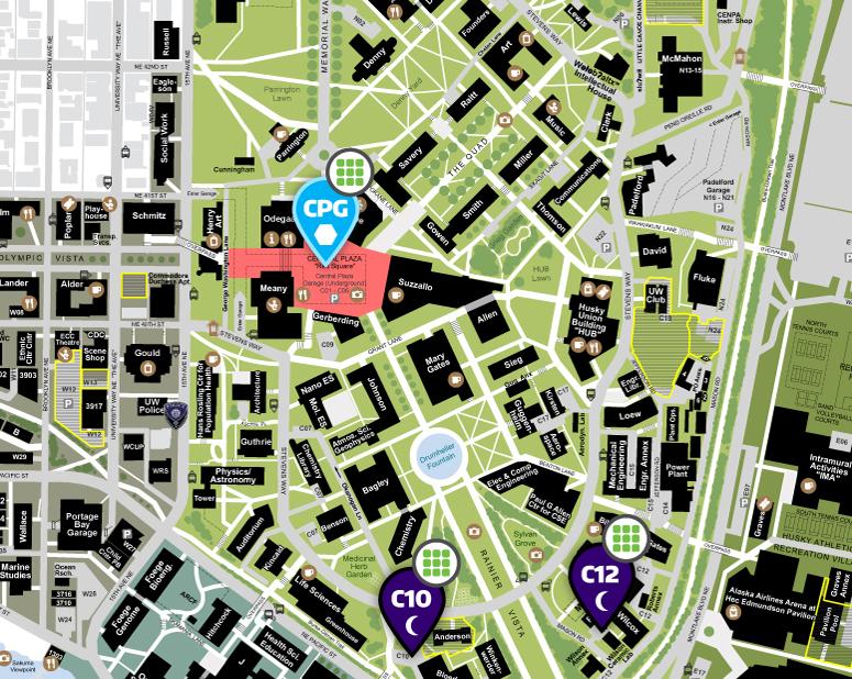 map of central campus with central plaza garage marked with a marker