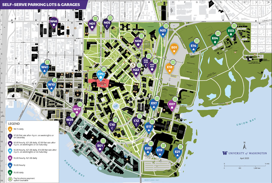 uw campus map of all self-serve parking lots