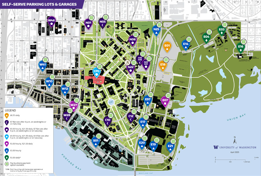uw campus map of all self-serve parking lots