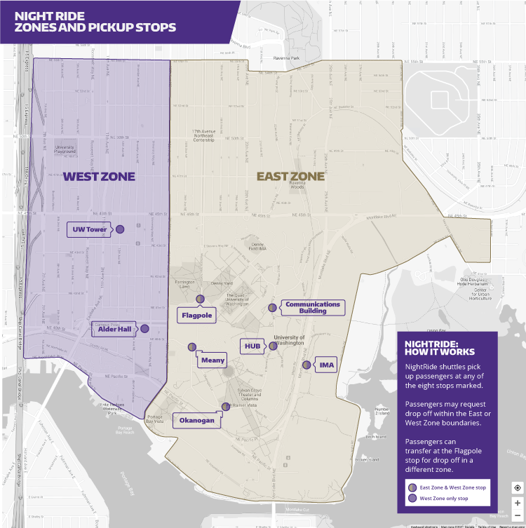 nightride east and west zones map showing the eight nightride stops and two drop off zone boundaries