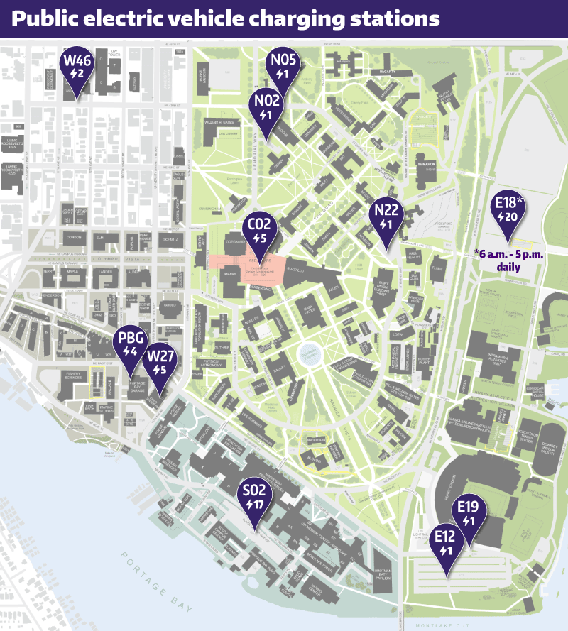 Map of public EV stations on UW Seattle campus