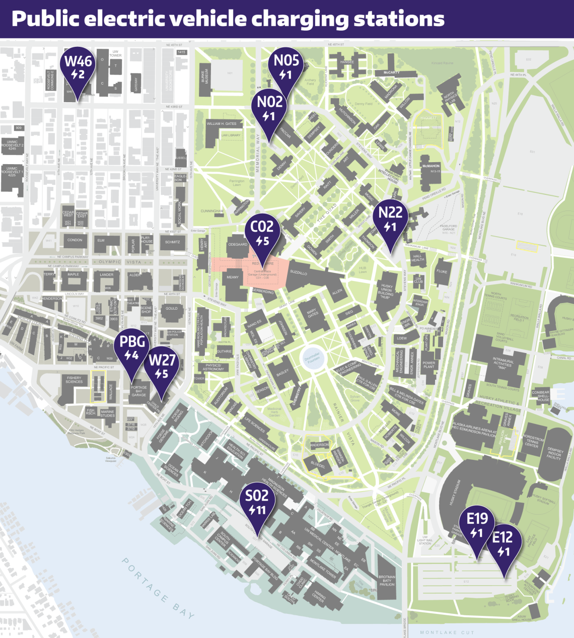 Map of public EV stations on UW Seattle campus